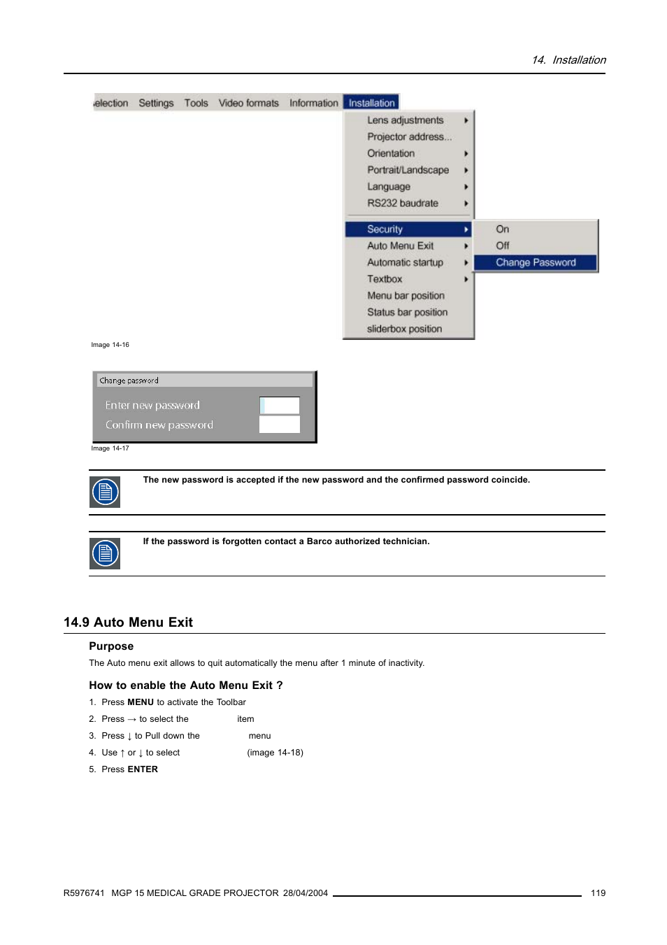 9 auto menu exit, Auto menu exit | Barco R9003110 User Manual | Page 123 / 134