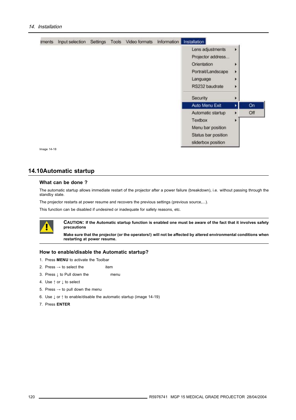 10 automatic startup, 10automatic startup, Automatic startup | Barco R9003110 User Manual | Page 124 / 134