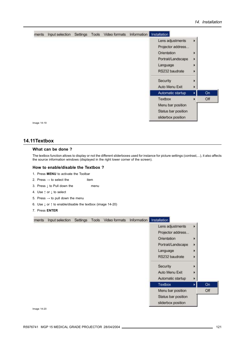 11 textbox, 11textbox, Textbox | Barco R9003110 User Manual | Page 125 / 134