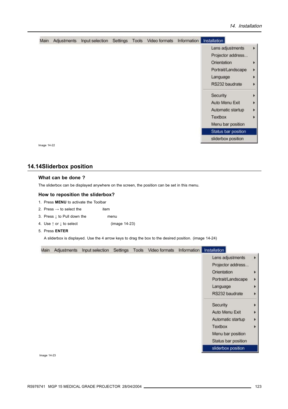 14 sliderbox position, 14sliderbox position, Sliderbox position | Barco R9003110 User Manual | Page 127 / 134