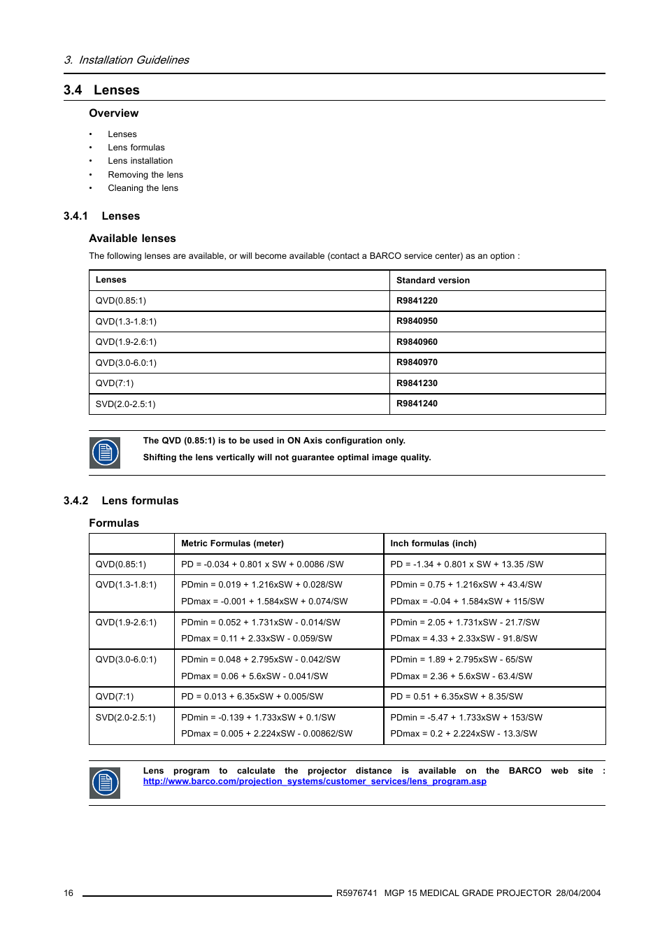 4 lenses, 1 lenses, 2 lens formulas | Lenses, Lens formulas, Installation guidelines | Barco R9003110 User Manual | Page 20 / 134