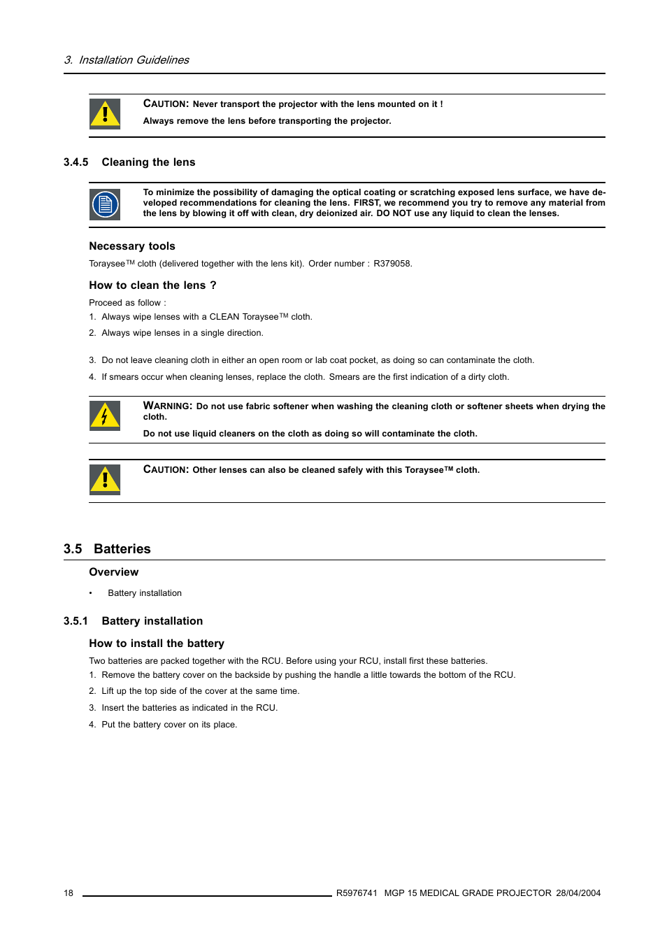 5 cleaning the lens, 5 batteries, 1 battery installation | Cleaning the lens, Batteries, Battery installation | Barco R9003110 User Manual | Page 22 / 134