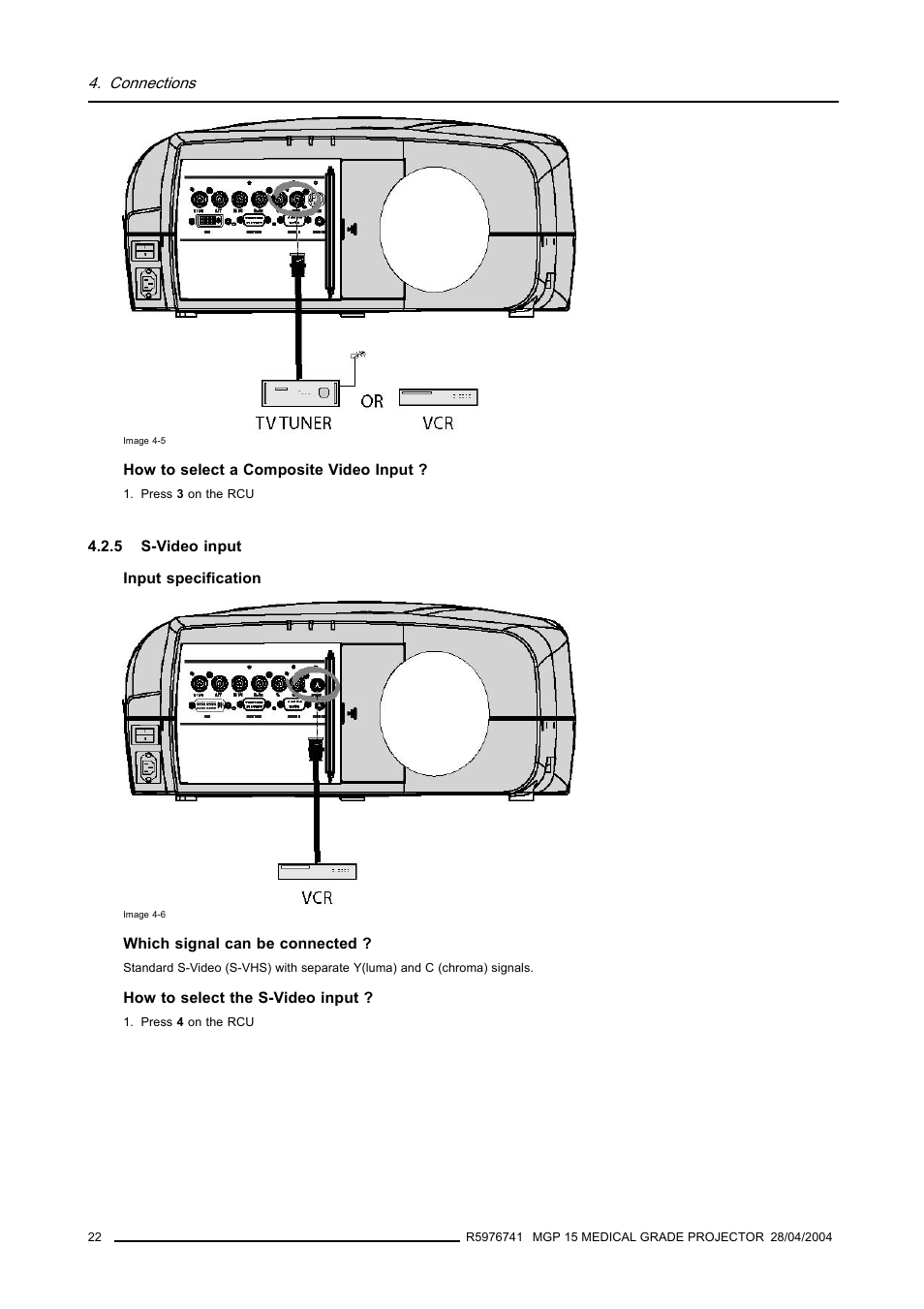 5 s-video input, S-video input | Barco R9003110 User Manual | Page 26 / 134