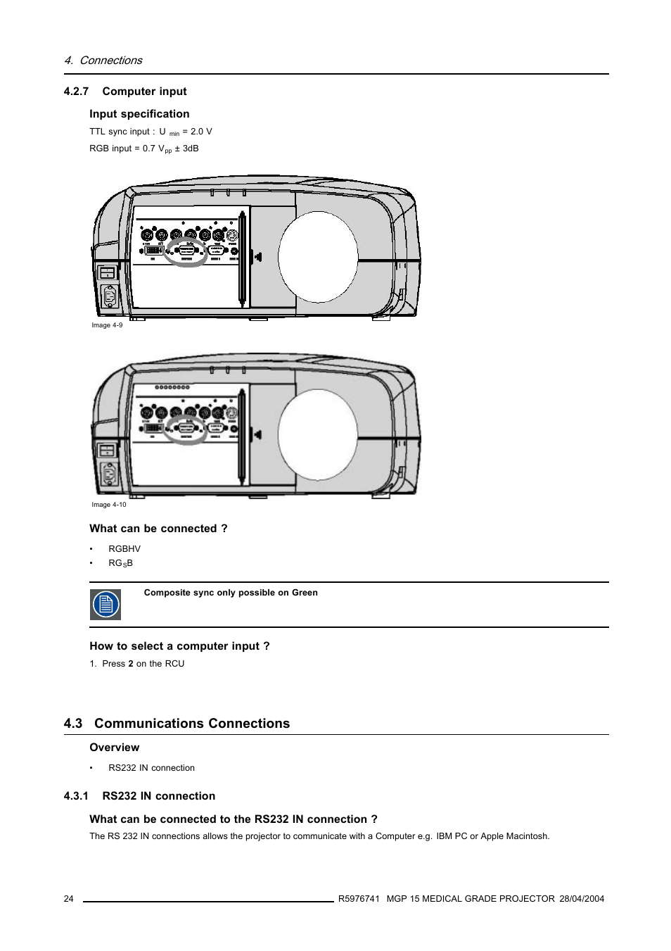 7 computer input, 3 communications connections, 1 rs232 in connection | Computer input, Communications connections, Rs232 in connection | Barco R9003110 User Manual | Page 28 / 134