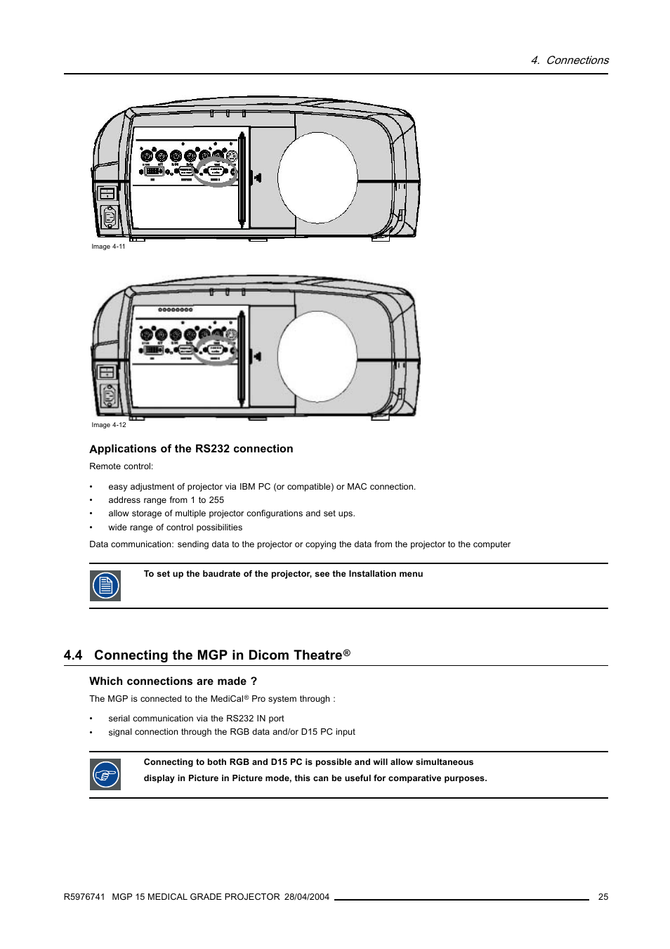 4 connecting the mgp in dicom theatre, Connecting the mgp in dicom theatre, Connections | Barco R9003110 User Manual | Page 29 / 134