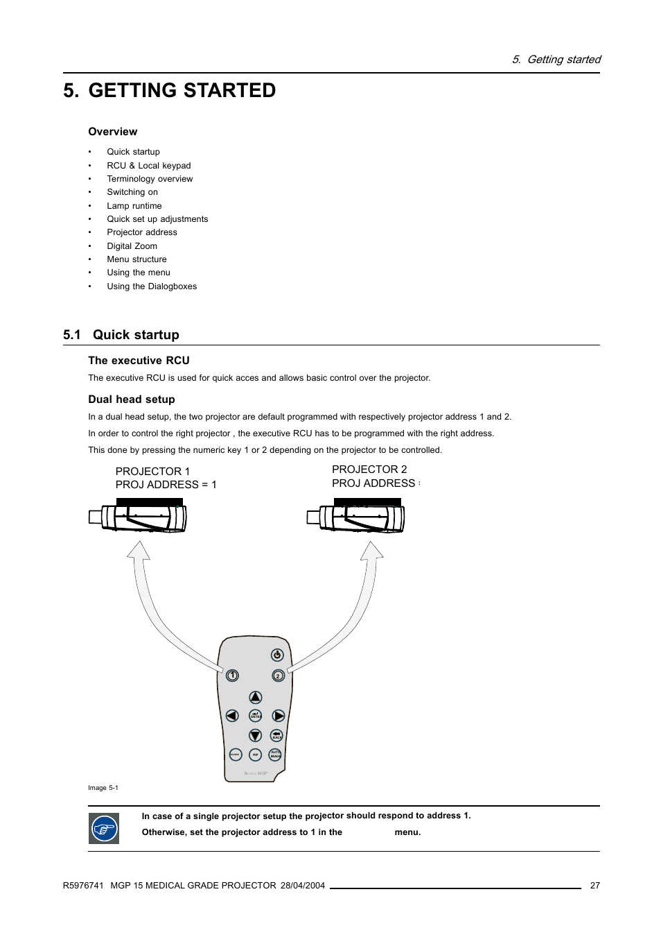 Getting started, 1 quick startup, Quick startup | Overview, The executive rcu, Dual head setup | Barco R9003110 User Manual | Page 31 / 134