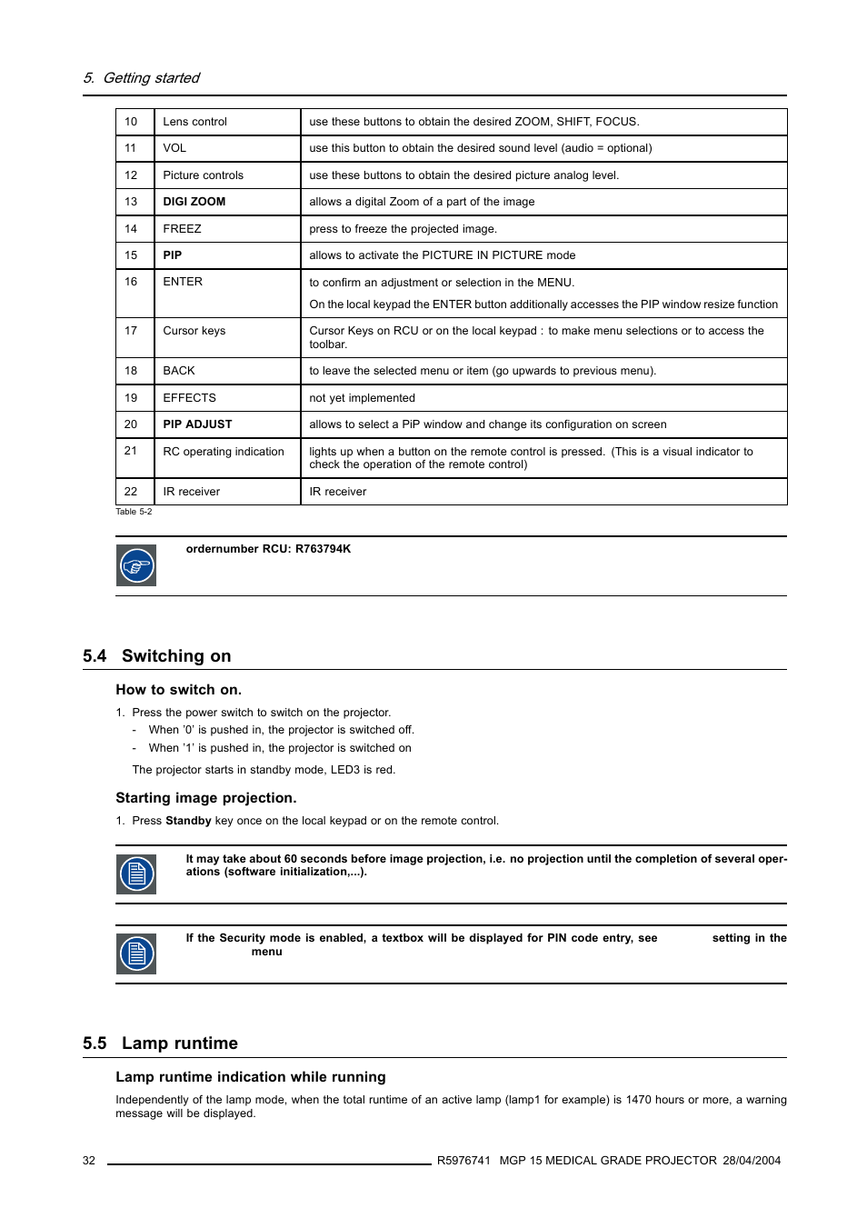 4 switching on, 5 lamp runtime, Switching on | Lamp runtime, Getting started | Barco R9003110 User Manual | Page 36 / 134