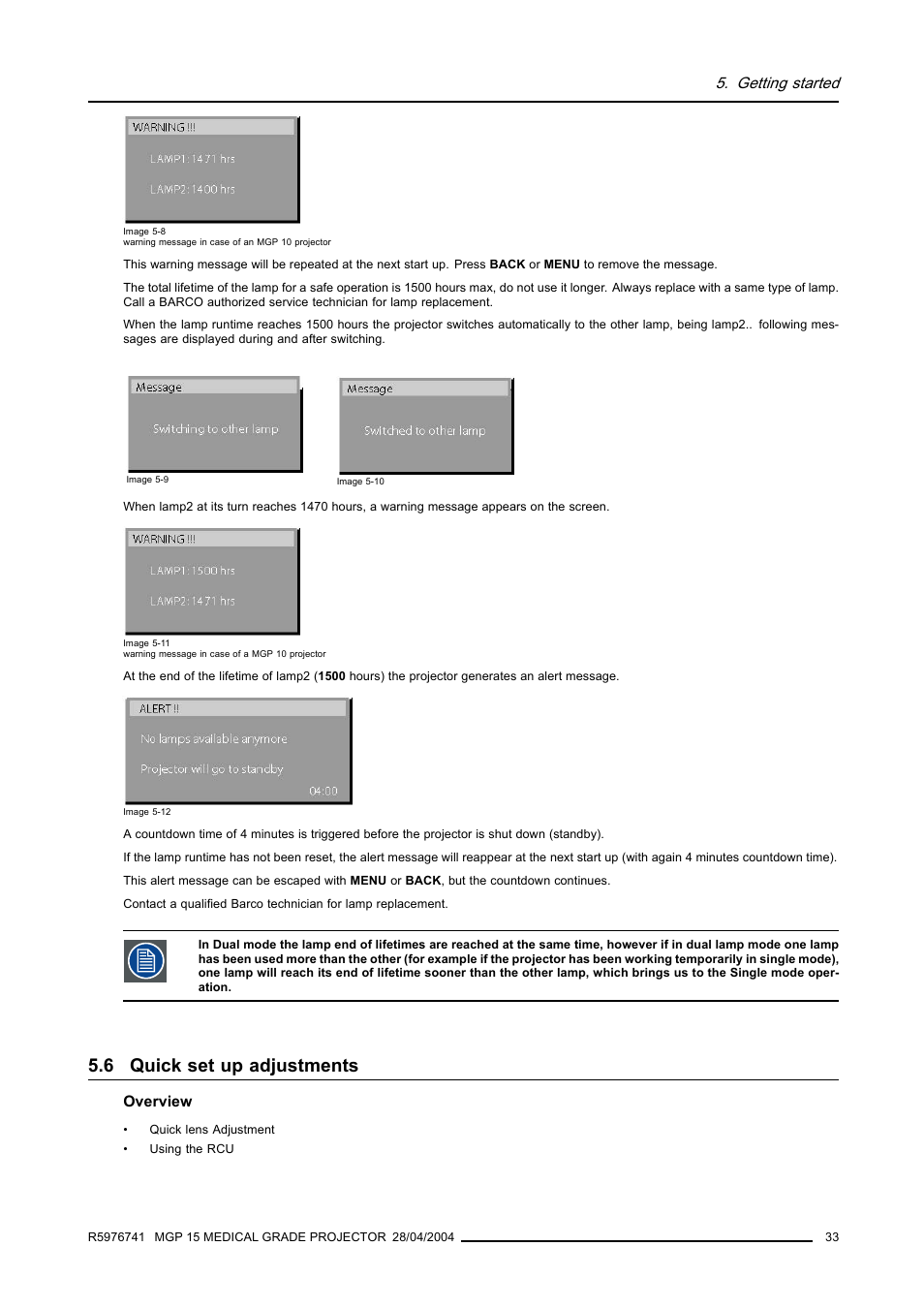 6 quick set up adjustments, Quick set up adjustments, Getting started | Barco R9003110 User Manual | Page 37 / 134