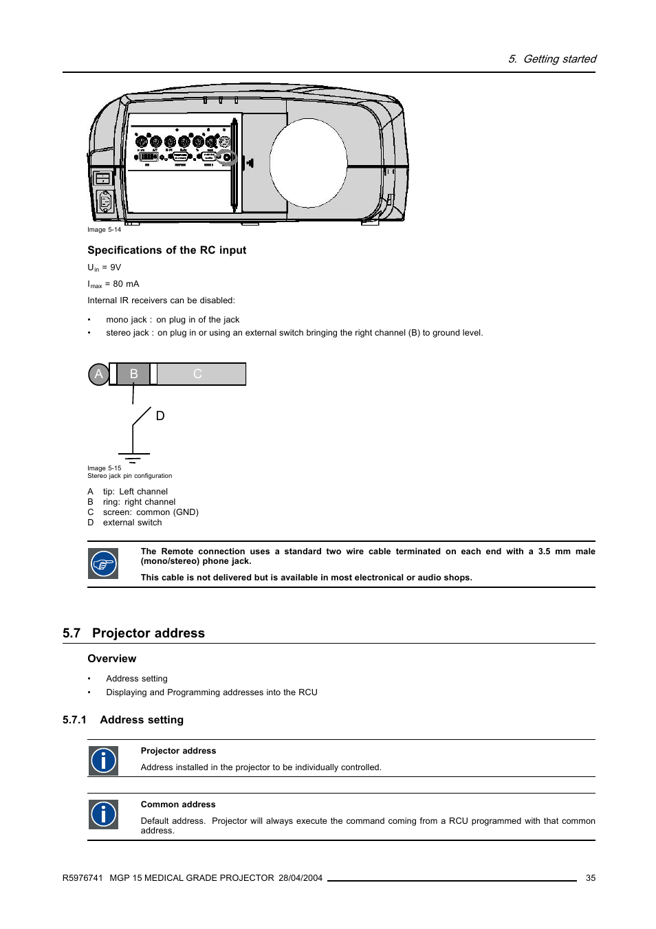 7 projector address, 1 address setting, Projector address | Address setting, Ab c d | Barco R9003110 User Manual | Page 39 / 134