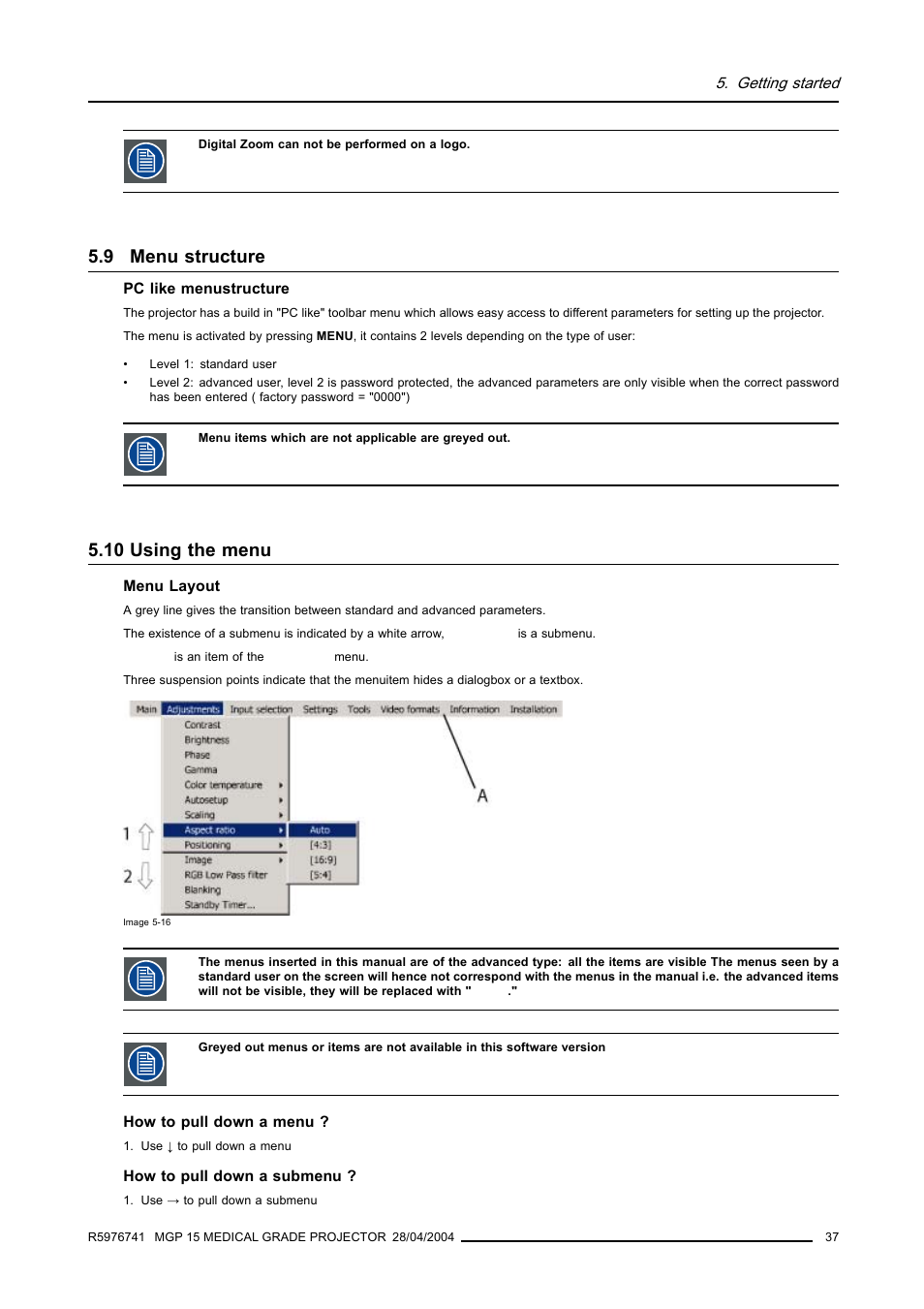 9 menu structure, 10 using the menu, Menu structure | Using the menu | Barco R9003110 User Manual | Page 41 / 134