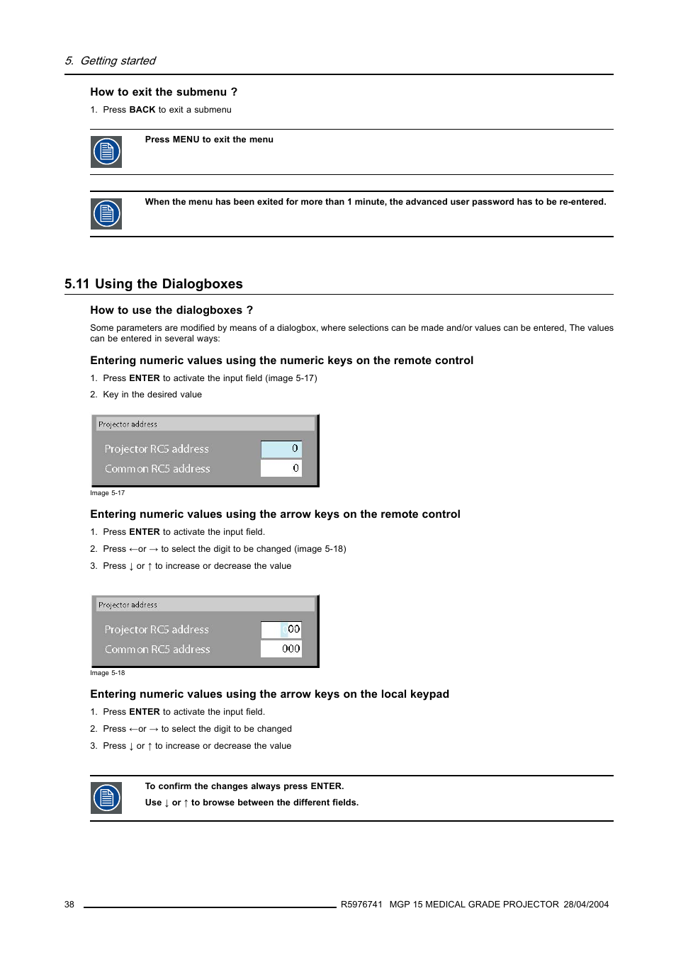 11 using the dialogboxes, Using the dialogboxes | Barco R9003110 User Manual | Page 42 / 134
