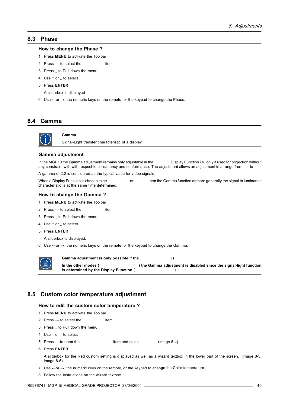 3 phase, 4 gamma, 5 custom color temperature adjustment | Phase, Gamma, Custom color temperature adjustment | Barco R9003110 User Manual | Page 53 / 134