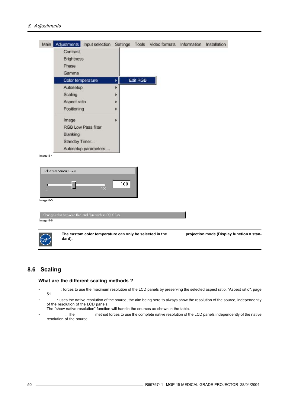 6 scaling, Scaling, Adjustments | Barco R9003110 User Manual | Page 54 / 134