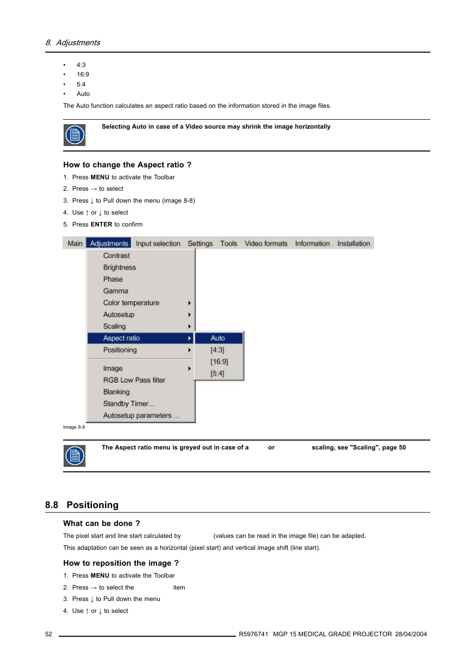 8 positioning, Positioning | Barco R9003110 User Manual | Page 56 / 134