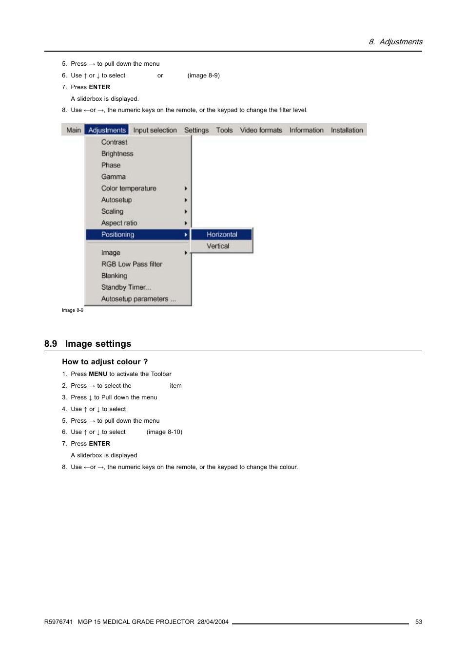 9 image settings, Image settings | Barco R9003110 User Manual | Page 57 / 134
