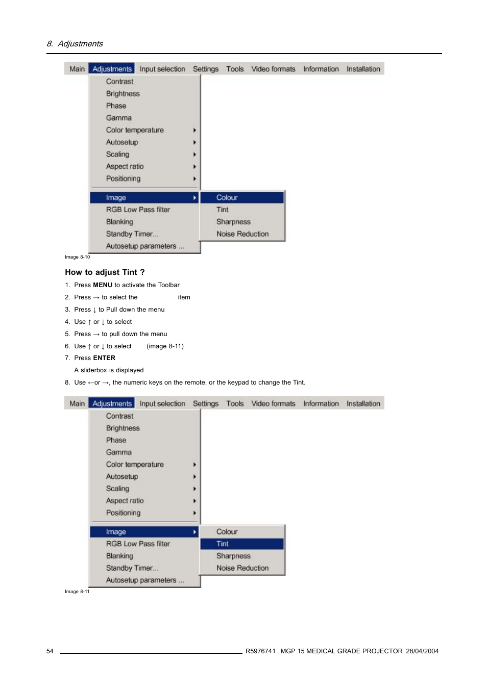 Adjustments | Barco R9003110 User Manual | Page 58 / 134