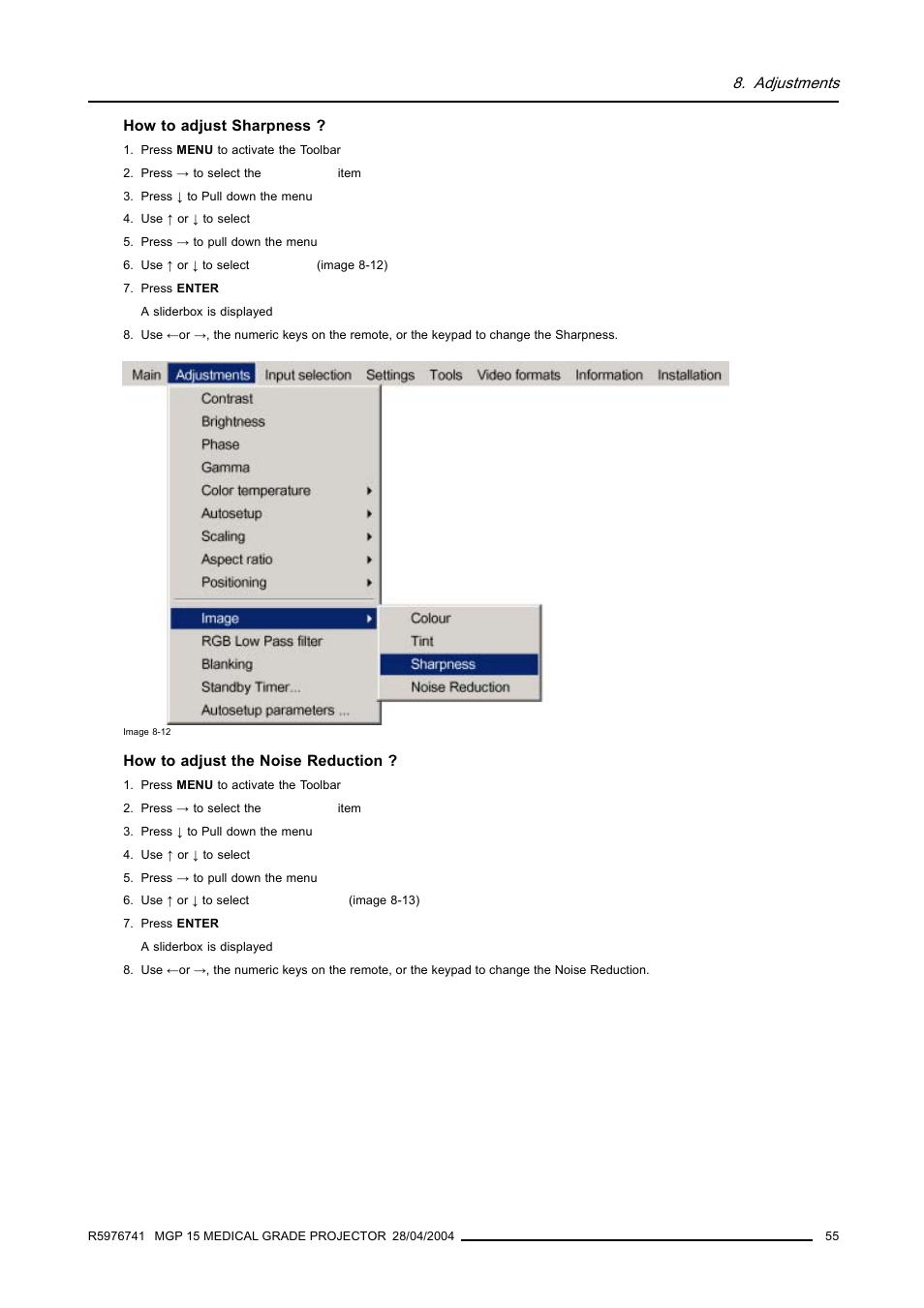 Adjustments | Barco R9003110 User Manual | Page 59 / 134