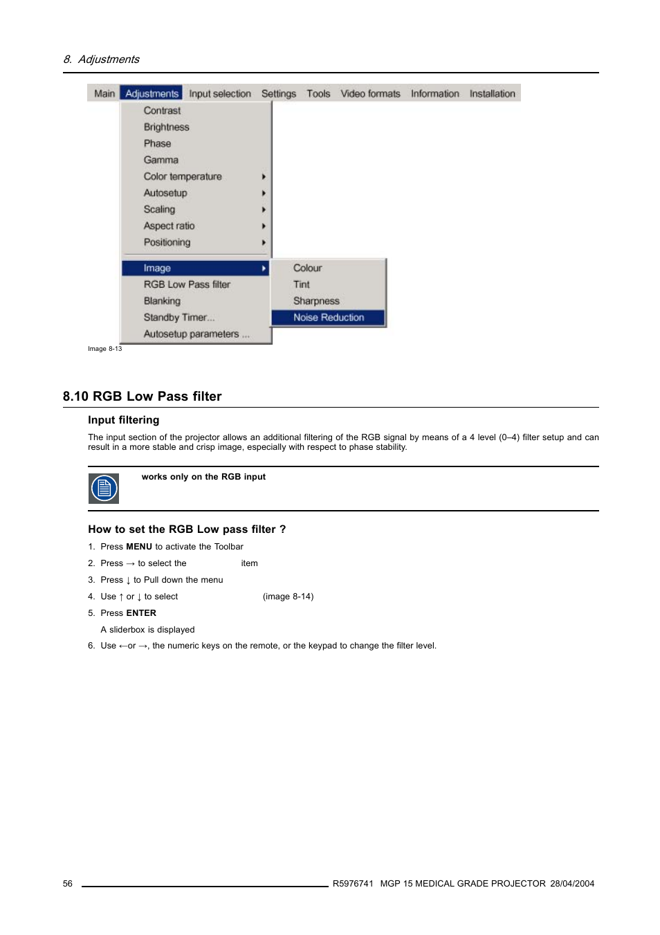 10 rgb low pass filter, Rgb low pass filter | Barco R9003110 User Manual | Page 60 / 134