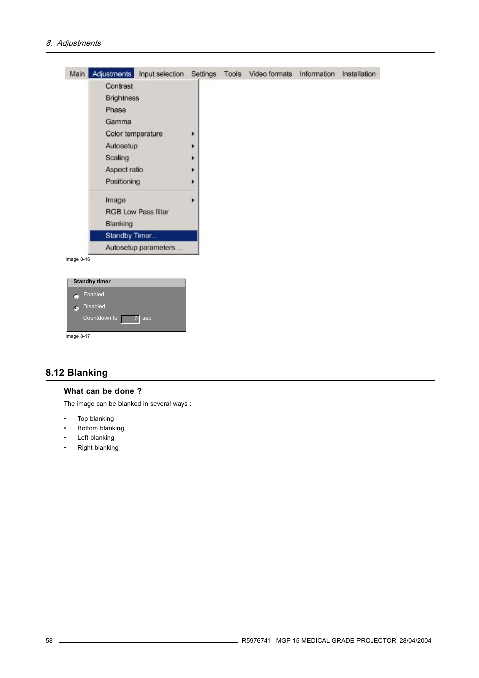 12 blanking, Blanking, Adjustments | Barco R9003110 User Manual | Page 62 / 134