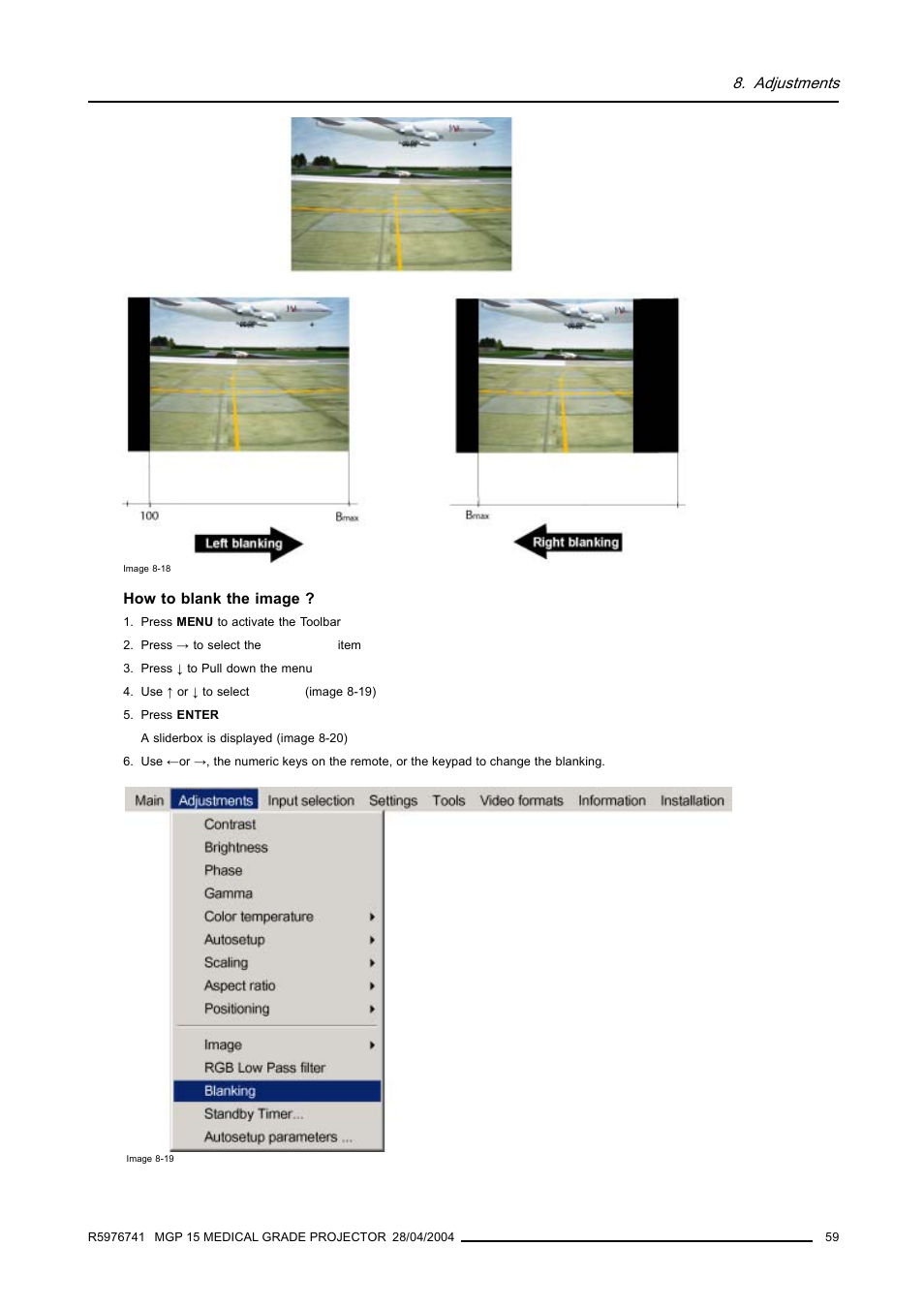 Adjustments | Barco R9003110 User Manual | Page 63 / 134