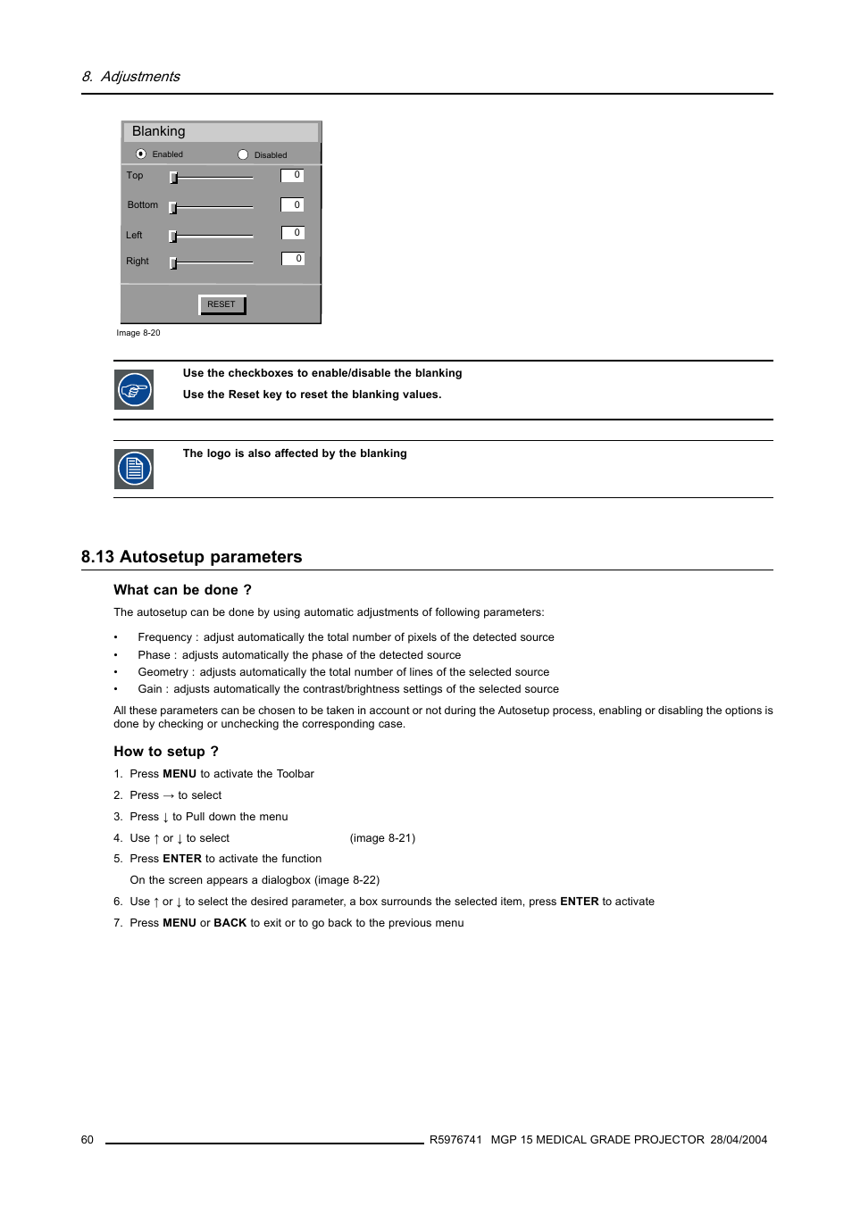 13 autosetup parameters, Autosetup parameters, Adjustments | Barco R9003110 User Manual | Page 64 / 134