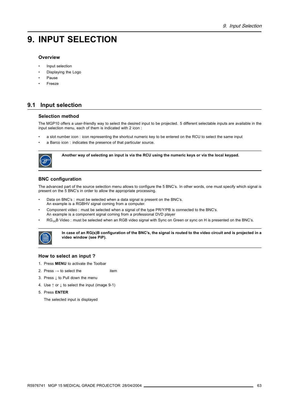 Input selection, 1 input selection | Barco R9003110 User Manual | Page 67 / 134