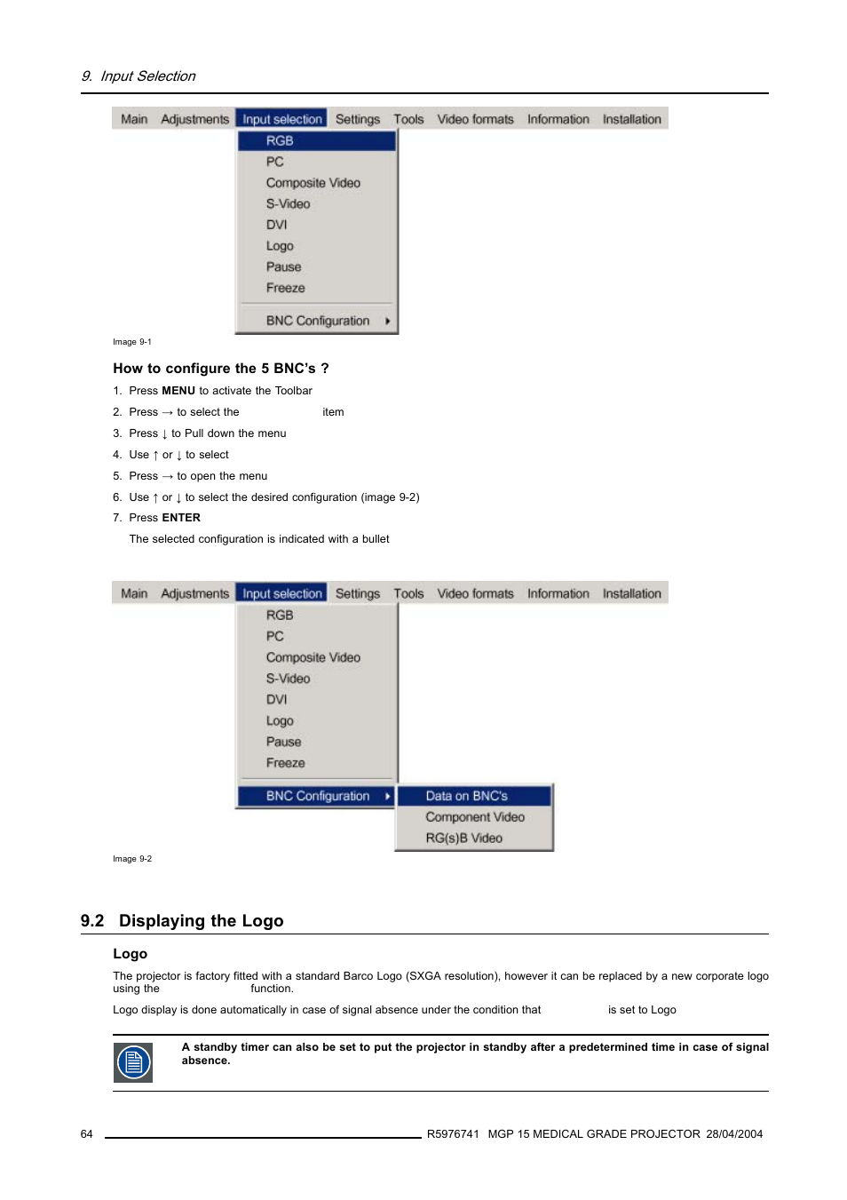 2 displaying the logo, Displaying the logo, Image 9-1) | Barco R9003110 User Manual | Page 68 / 134