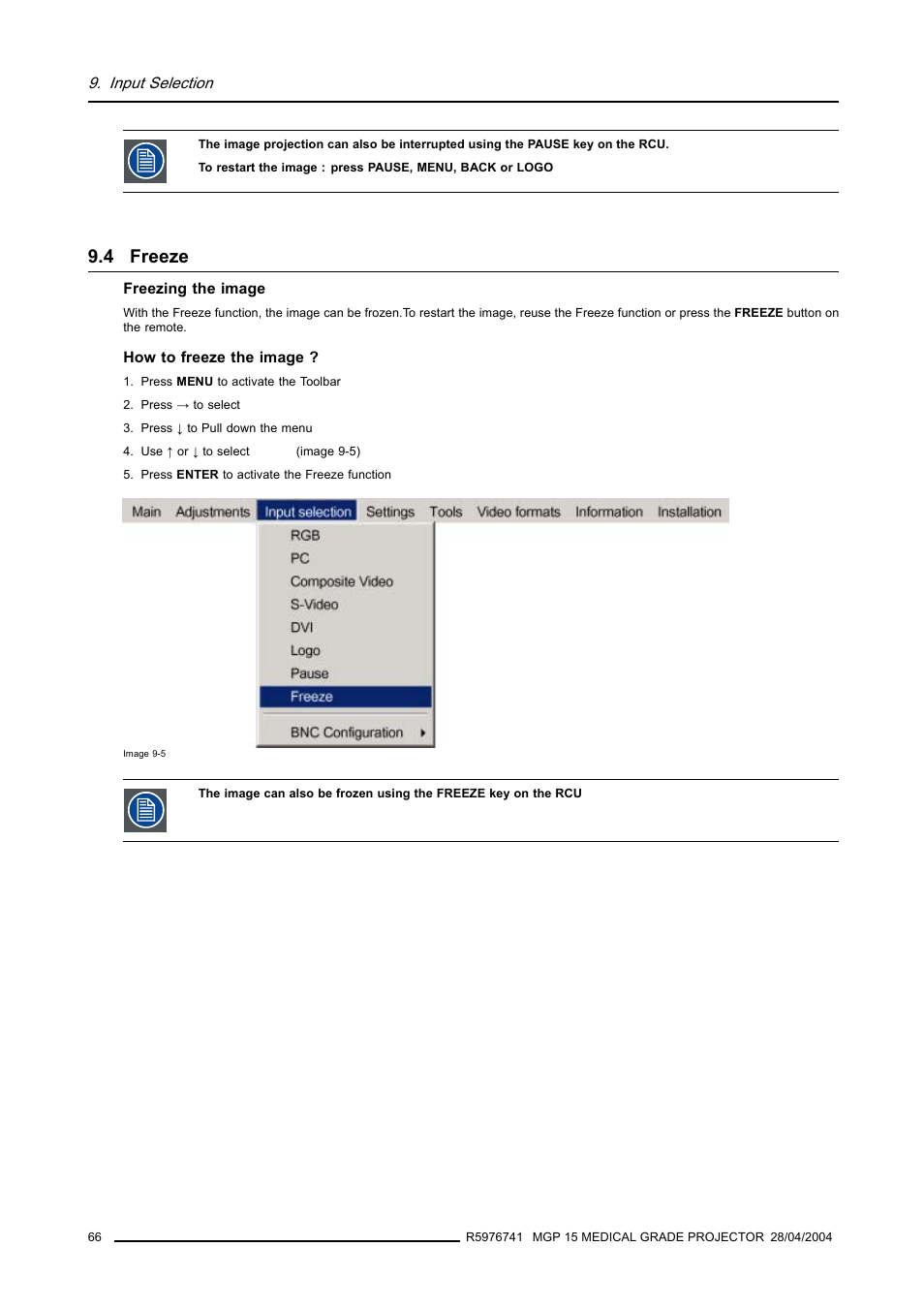 4 freeze, Freeze | Barco R9003110 User Manual | Page 70 / 134