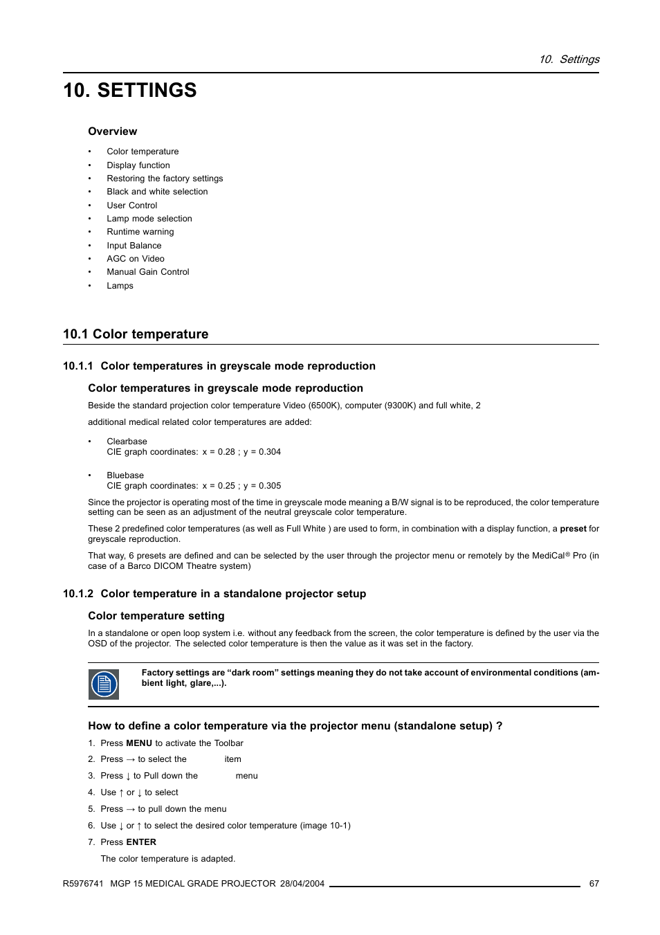 Settings, 1 color temperature | Barco R9003110 User Manual | Page 71 / 134