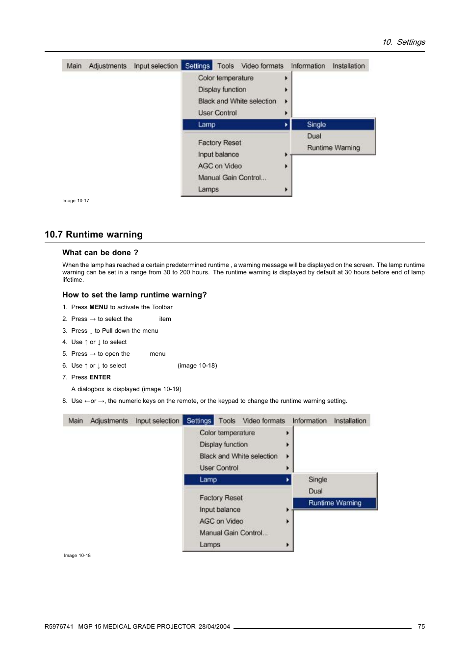 7 runtime warning, Runtime warning | Barco R9003110 User Manual | Page 79 / 134