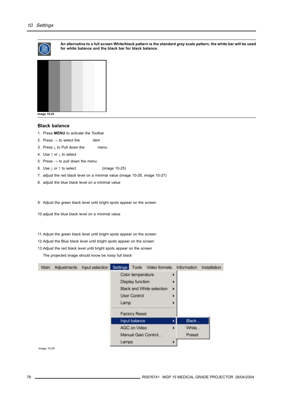 Settings | Barco R9003110 User Manual | Page 82 / 134