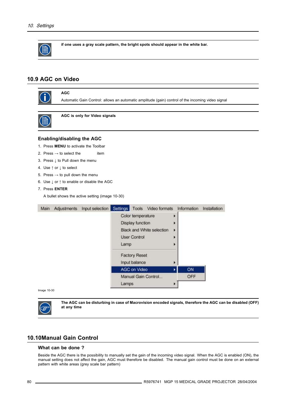 9 agc on video, 10 manual gain control, 80 10.10manual gain control | Agc on video, Manual gain control, 10manual gain control | Barco R9003110 User Manual | Page 84 / 134