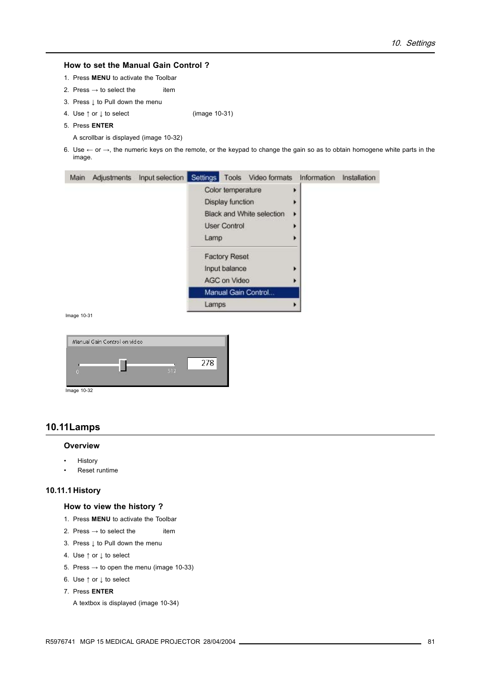 11 lamps, 1 history, 11lamps | Lamps | Barco R9003110 User Manual | Page 85 / 134