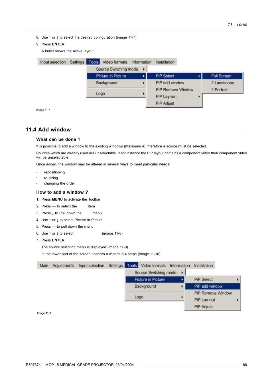 4 add window, Add window, Tools | Barco R9003110 User Manual | Page 93 / 134