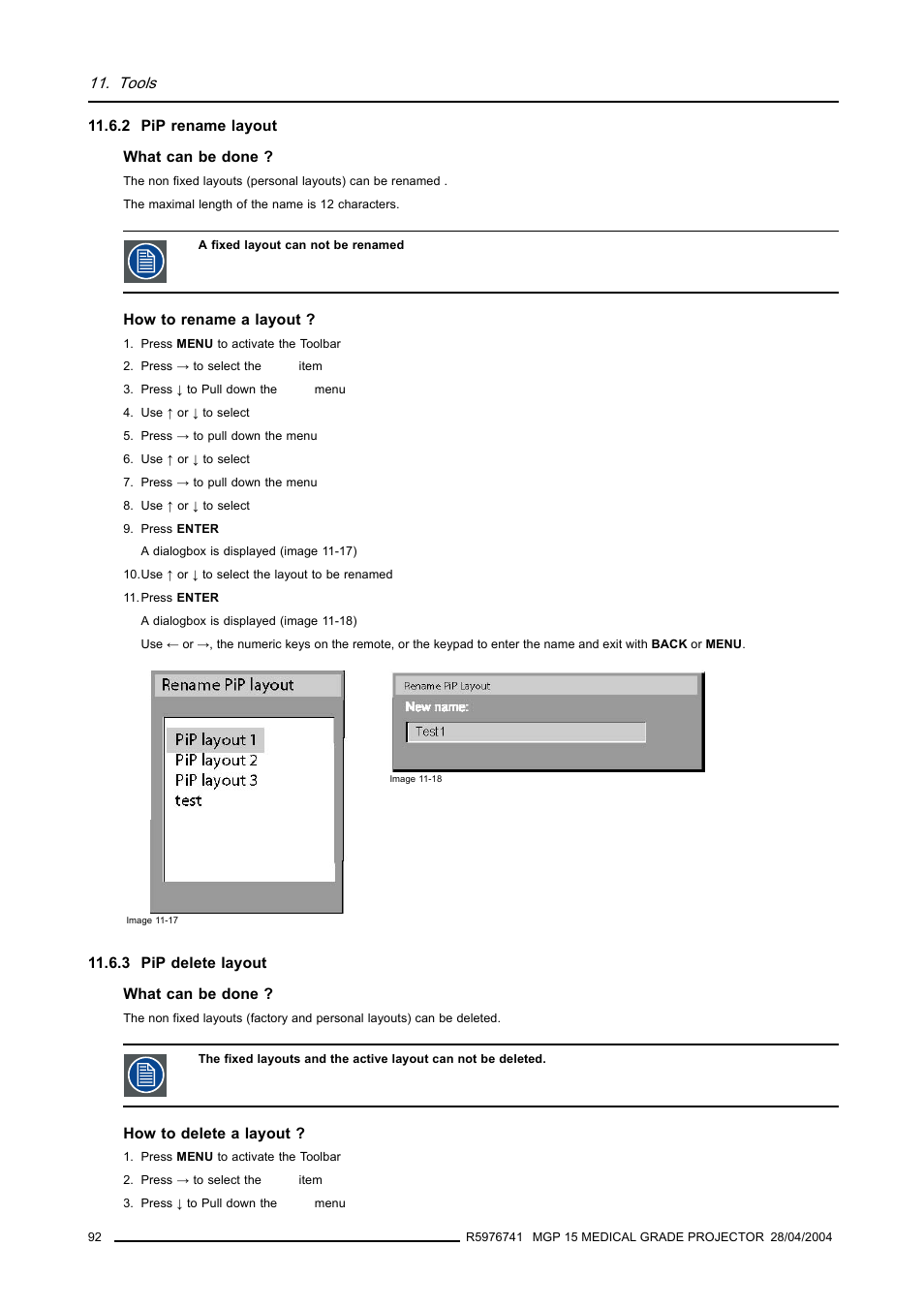 2 pip rename layout, 3 pip delete layout, 92 11.6.3 pip delete layout | Pip rename layout, Pip delete layout, Tools | Barco R9003110 User Manual | Page 96 / 134