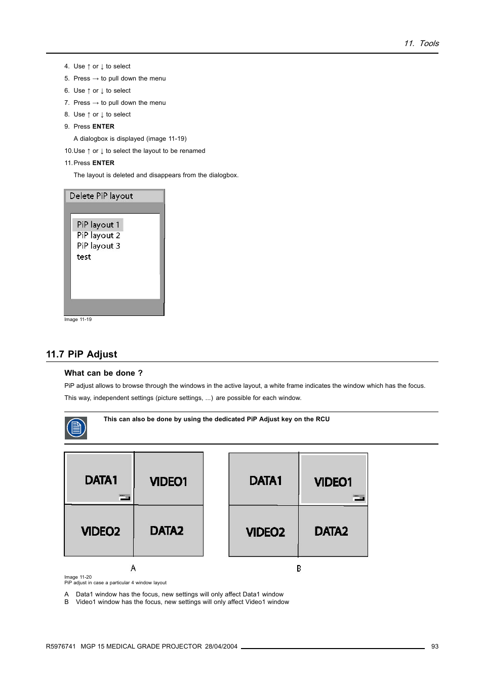 7 pip adjust, Pip adjust, Tools | Barco R9003110 User Manual | Page 97 / 134