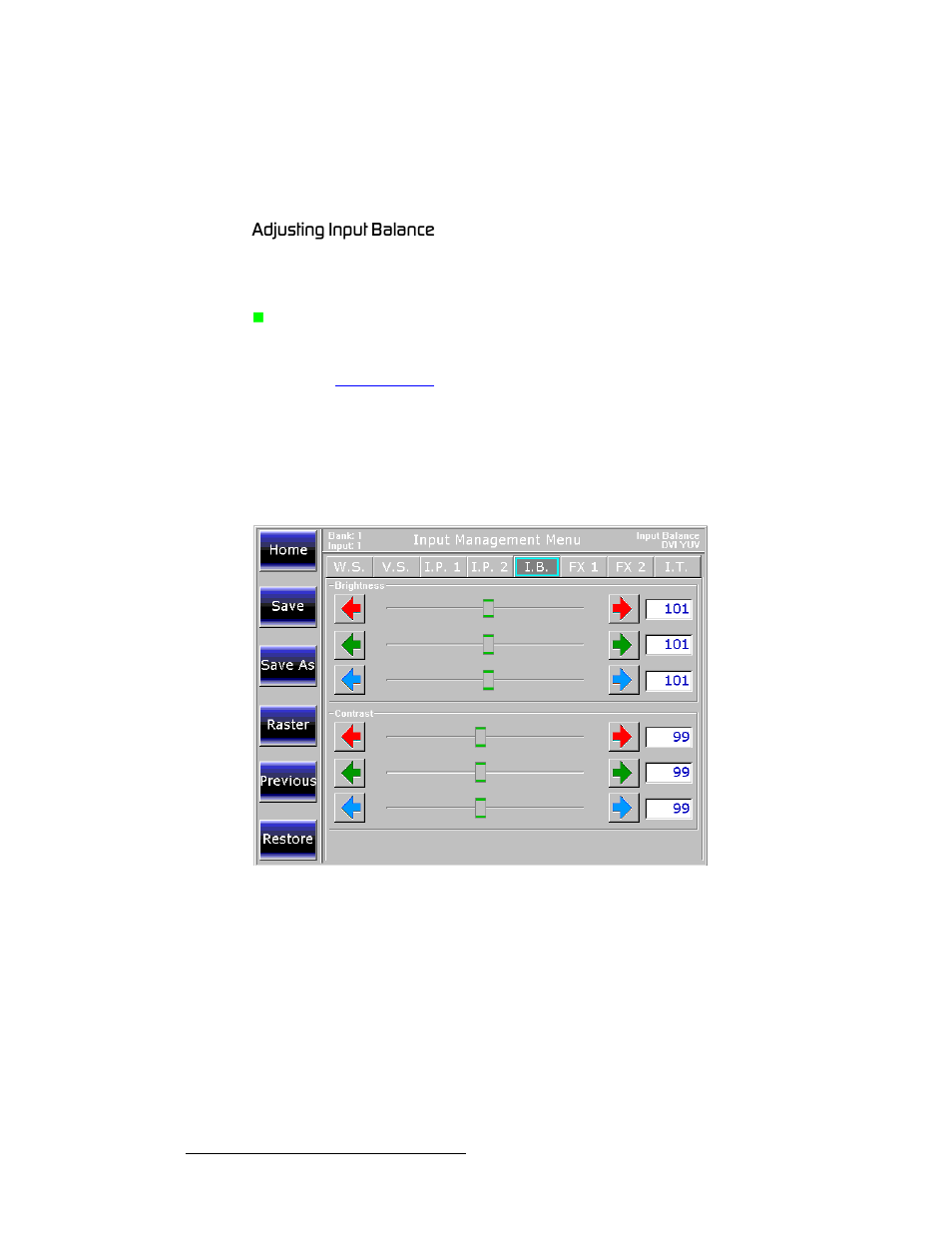 Adjusting input balance, Замлнбец=fåéìí=_~д~еей, Operation | Barco DX-700 User Manual | Page 118 / 230