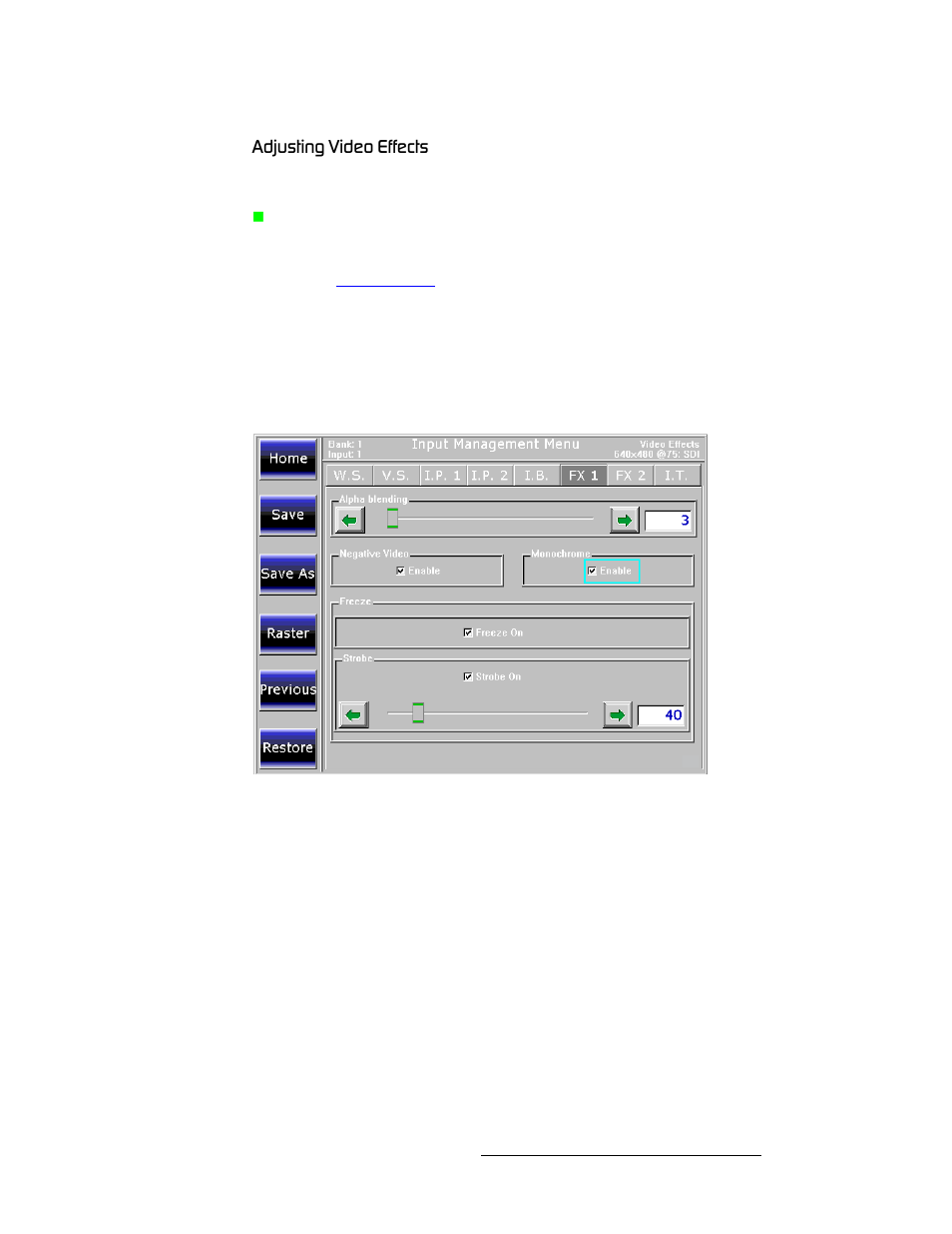 Adjusting video effects, Замлнбец=sáçéç=bññéåíë, Operation | Barco DX-700 User Manual | Page 119 / 230