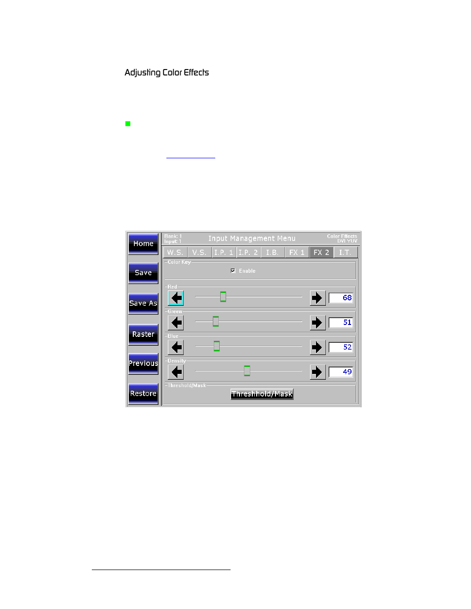 Adjusting color effects, Замлнбец=`здзк=bññéåíë, Operation | Barco DX-700 User Manual | Page 120 / 230