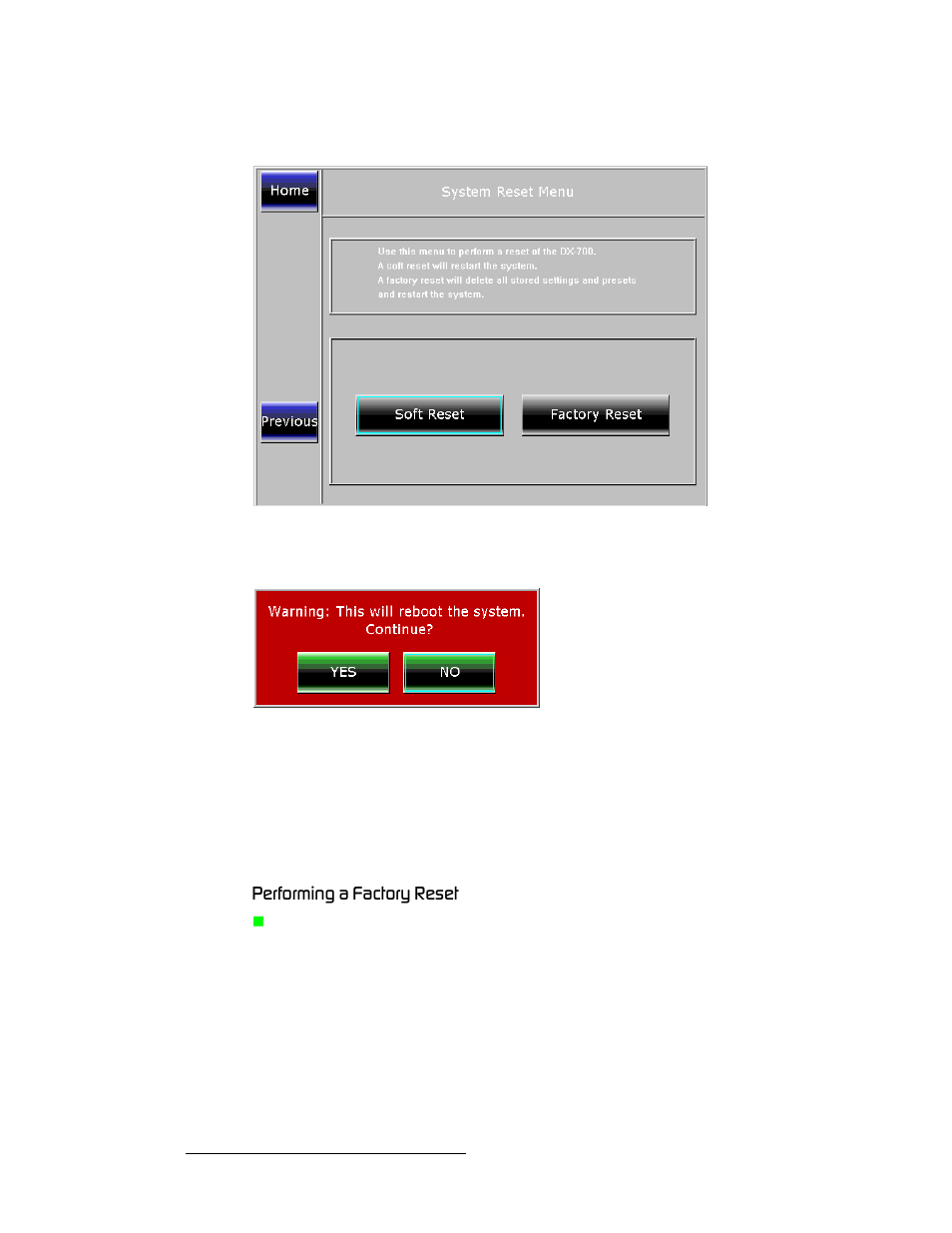 Performing a factory reset, Méêñçêãáåö=~=c~ензку=oéëéí, Operation | Barco DX-700 User Manual | Page 146 / 230