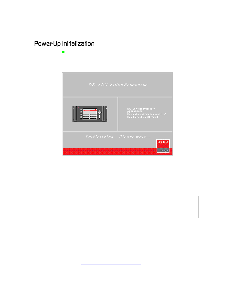 Power-up initialization, Mçïéêjré=fåáíá~дбт~нбзе | Barco DX-700 User Manual | Page 77 / 230