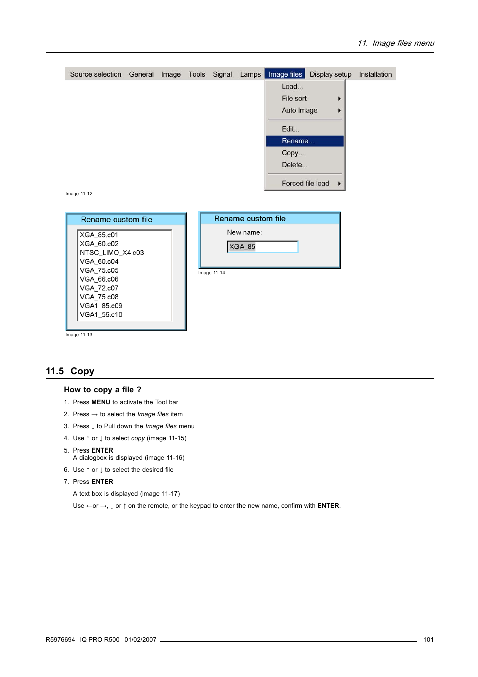 5 copy, Copy, Image files menu | Barco R500 User Manual | Page 107 / 195