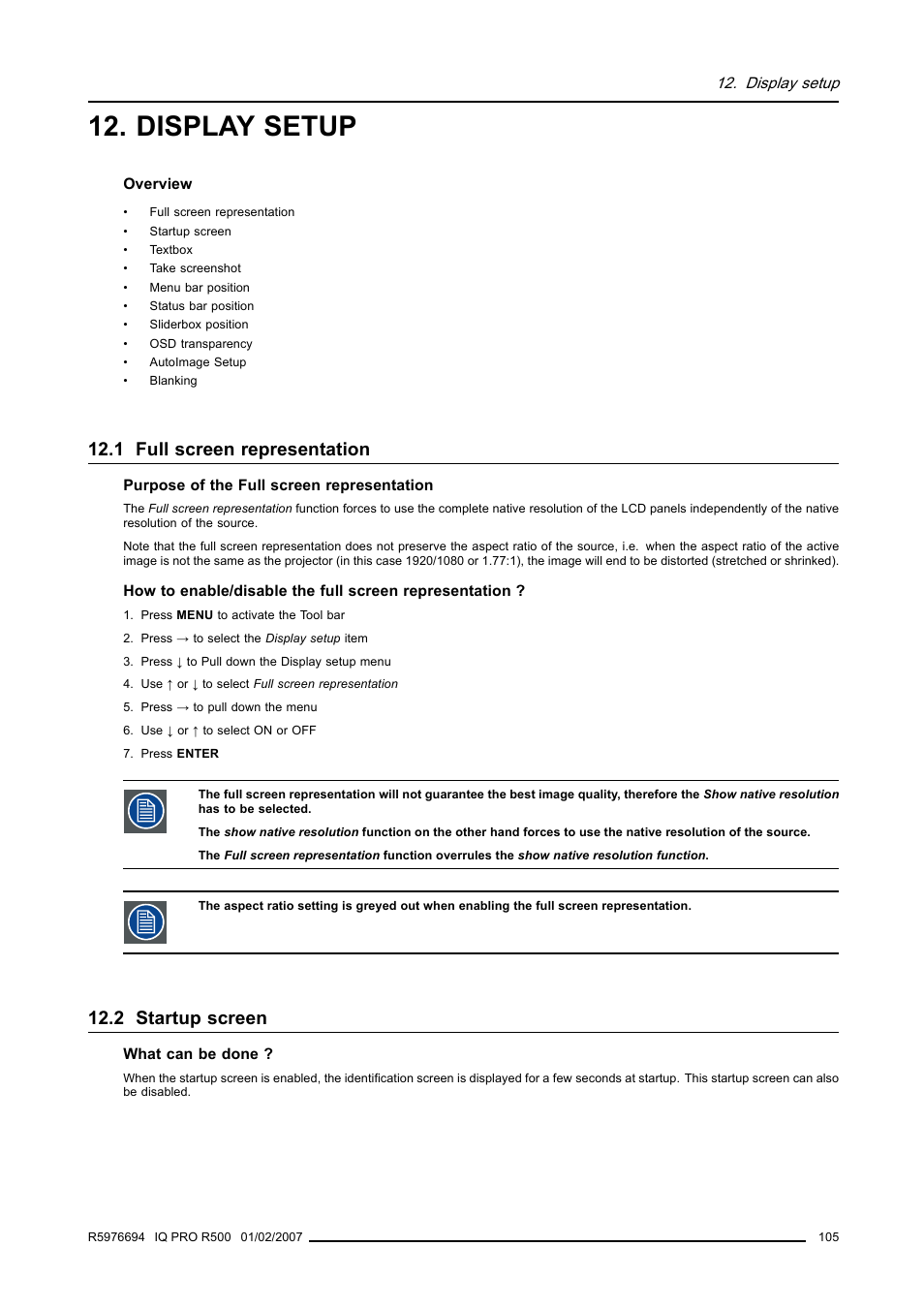 Display setup, 1 full screen representation, 2 startup screen | 105 12.2 startup screen | Barco R500 User Manual | Page 111 / 195