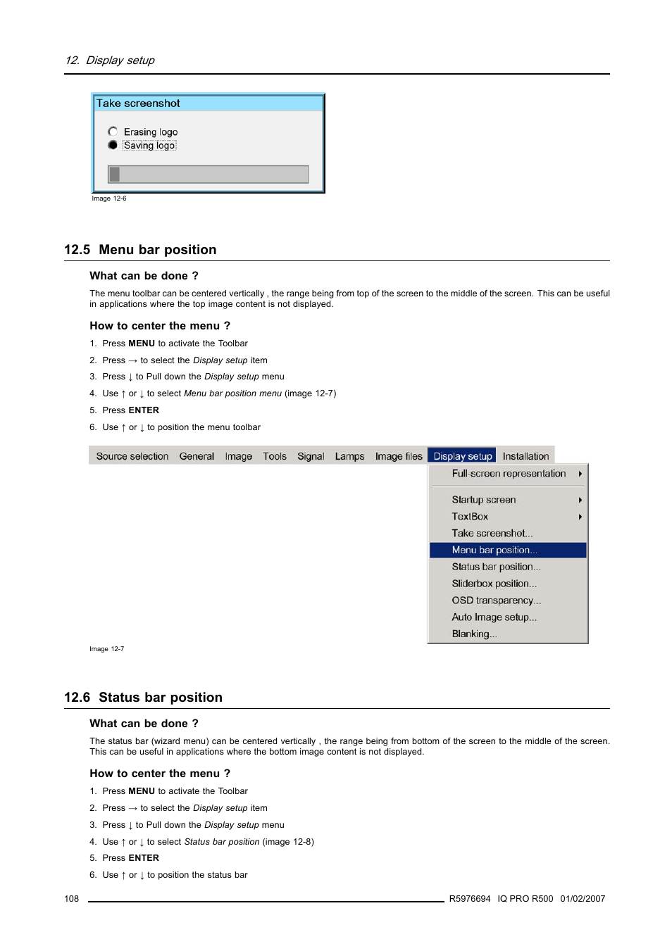 5 menu bar position, 6 status bar position, 108 12.6 status bar position | Menu bar position, Status bar position, Image 12-6) | Barco R500 User Manual | Page 114 / 195
