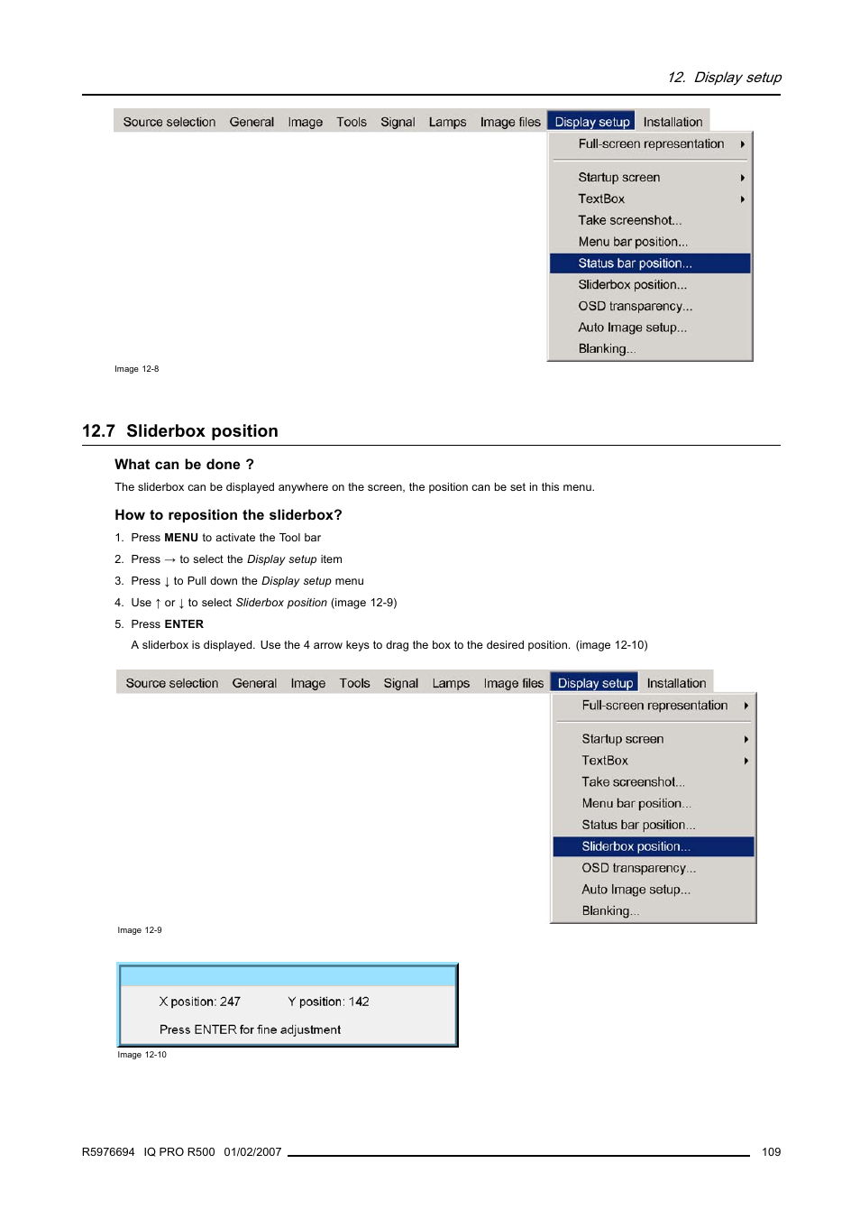 7 sliderbox position, Sliderbox position, Display setup | Barco R500 User Manual | Page 115 / 195