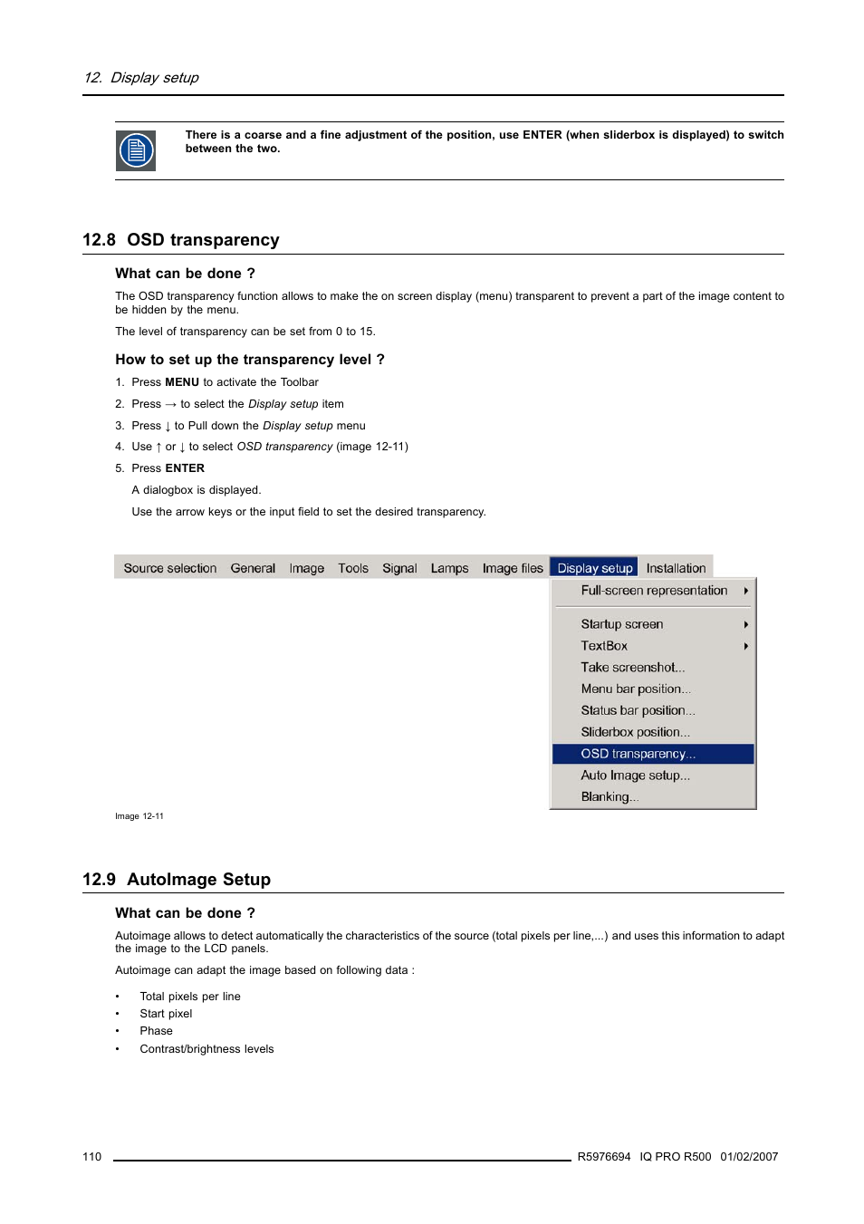 8 osd transparency, 9 autoimage setup, 110 12.9 autoimage setup | Osd transparency, Autoimage setup | Barco R500 User Manual | Page 116 / 195