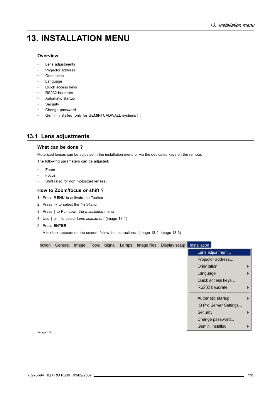 Installation menu, 1 lens adjustments | Barco R500 User Manual | Page 121 / 195