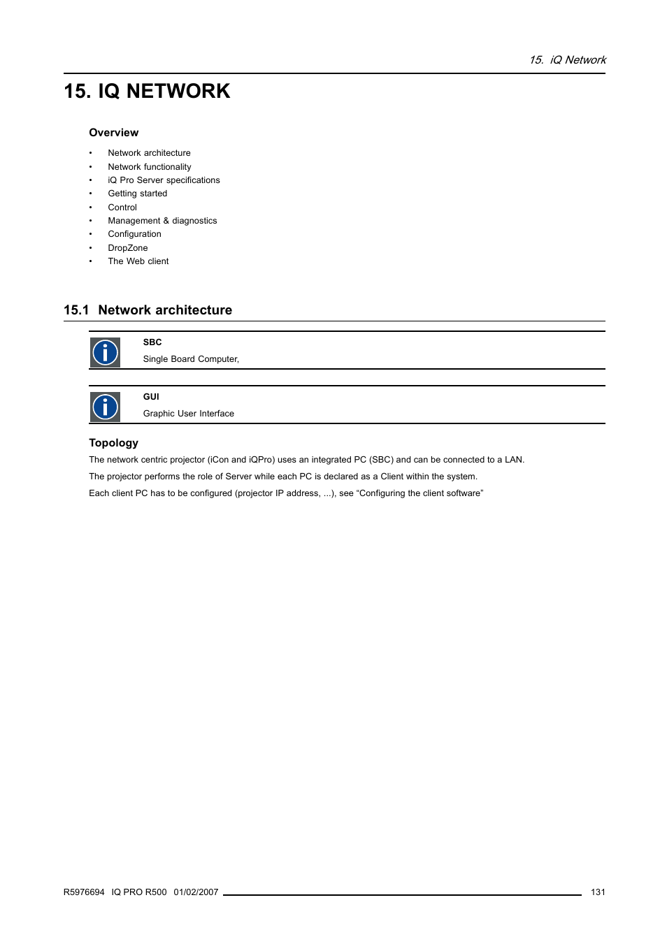 Iq network, 1 network architecture | Barco R500 User Manual | Page 137 / 195