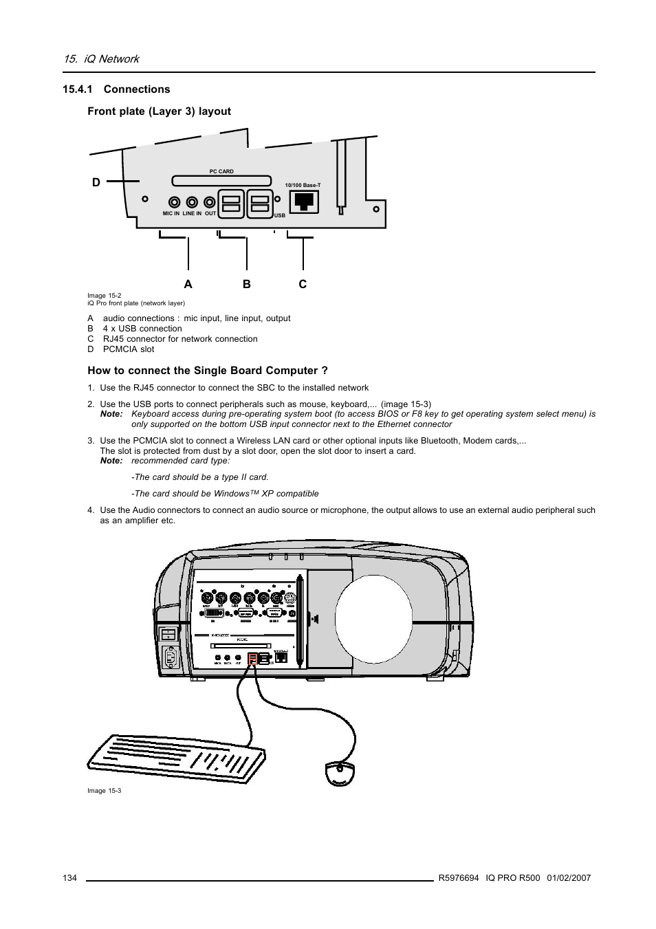 1 connections, Connections, Da b c | Iq network | Barco R500 User Manual | Page 140 / 195