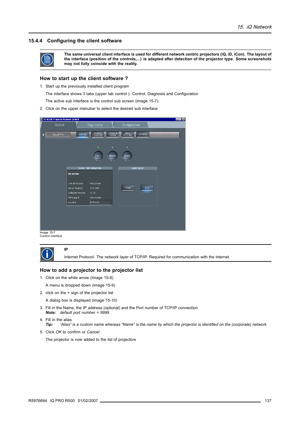 4 configuring the client software, Configuring the client software, Iq network | Barco R500 User Manual | Page 143 / 195
